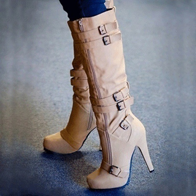 Women Knee High Boots Buckle Hidden Wedge Mid Heel Round Toe Winter Casual Shoes