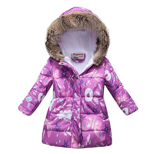 Baby & Kids Girls Clothing | Kids Girls Down Coat Long Sleeve Black Purple Pink Butterfly Fox Fur Collar Fall Winter Active Stre