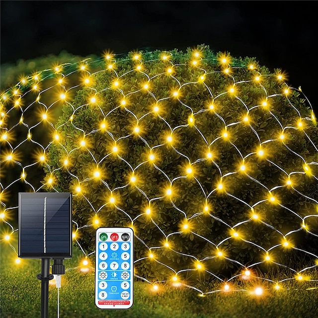  Mesh Net Christmas Lights Solar Powered 8 Modes 9.8X6.6Ft 200LED bush Tree Wrap Decor Fairy Twinkle  Outdoor String Lights for HalloweenHolidayPartyPatioWeddingGarden
