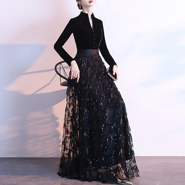 A-Line Evening Gown Elegant Dress Wedding Guest Prom Floor Length Long Sleeve Queen Anne Sequined with Sash / Ribbon Sequin 6