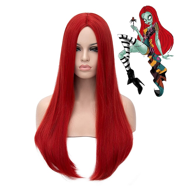  פאה סינתטית פאה ישרה ישרה שיער סינטטי ארוך אדום לנשים אדום