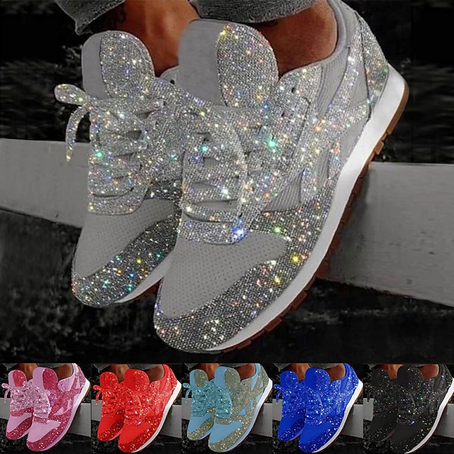  Women's Trainers Athletic Shoes Sneakers Bling Bling Shoes Sequins Bling Bling Sneakers Outdoor Daily Sequin Platform Flat Heel Round Toe Sporty Classic Casual Walking Glitter Mesh Lace-up Silver