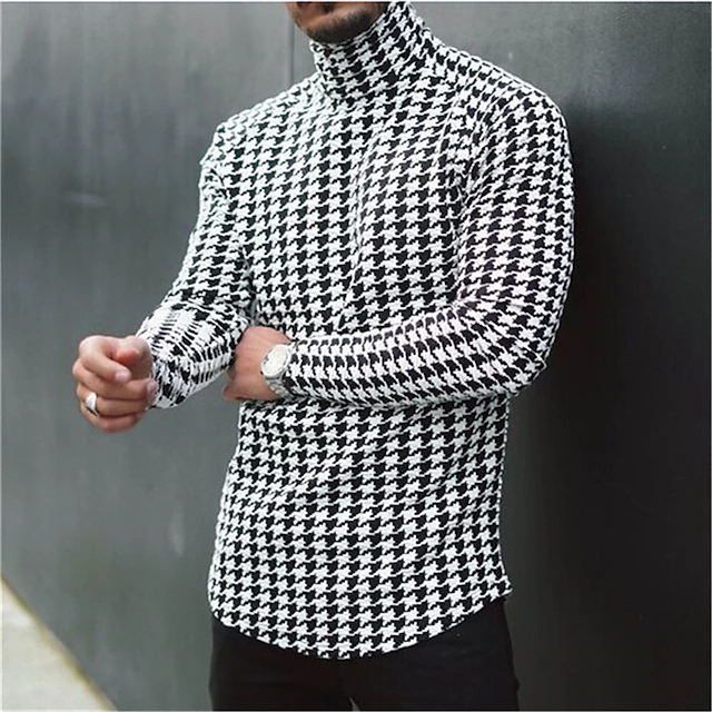 Men's T Shirt Turtleneck shirt Long Sleeve Shirt Long Sleeve Rolled collar Classic Collar Fall & Winter Plaid Houndstooth Lightweight Muscle Slim Fit Vacation Casual Holiday Black-White Black Yellow 11