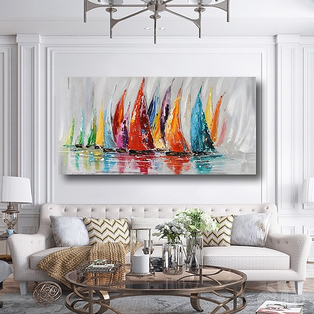  pintura al óleo hecha a mano pintada a mano arte de la pared moderno paisaje marino veleros amanecer río decoración del hogar decoración marco estirado listo para colgar
