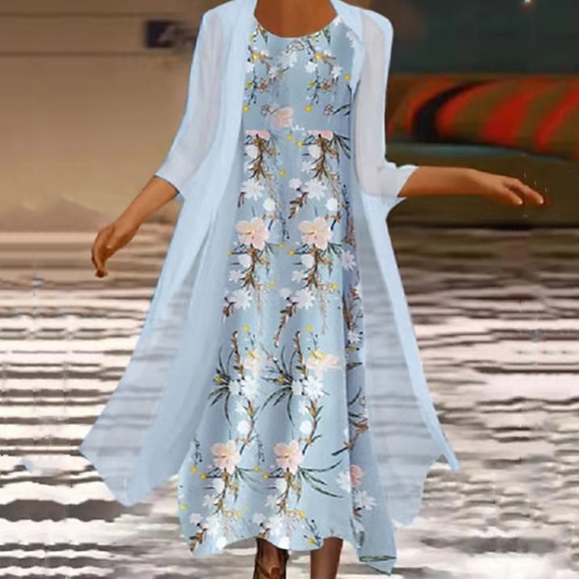 

Women's Two Piece Dress Midi Dress Light Green Light Blue 3/4 Length Sleeve Floral Print Fall Spring Round Neck Elegant Casual Loose 2022 S M L XL XXL 3XL