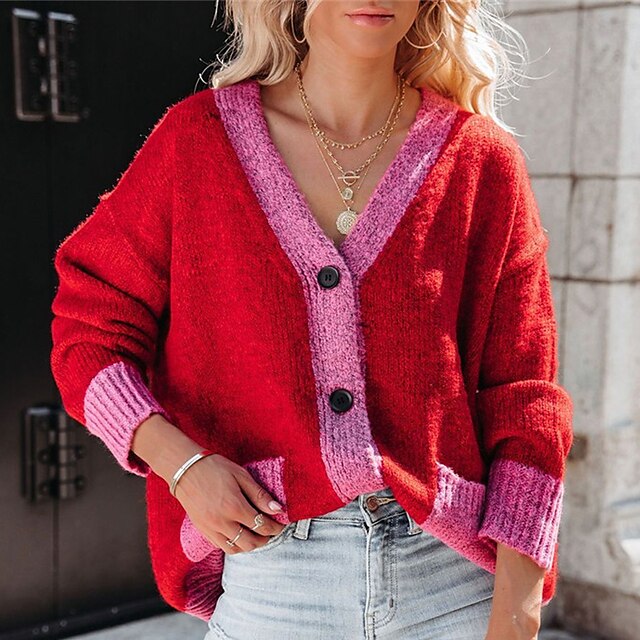  Women's Sweater Cardigan Sweater Jumper Crochet Knit Button Knitted Tunic V Neck Color Block Outdoor Home Stylish Casual Drop Shoulder Winter Fall Red S M L