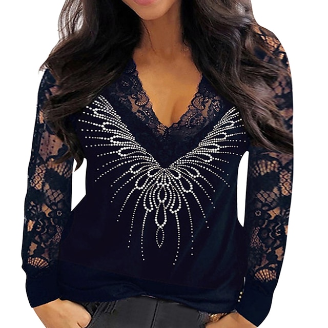 

Women's Plus Size Tops Blouse Plain Lace Long Sleeve V Neck Basic Streetwear Daily Weekend Cotton Fall Black Purple