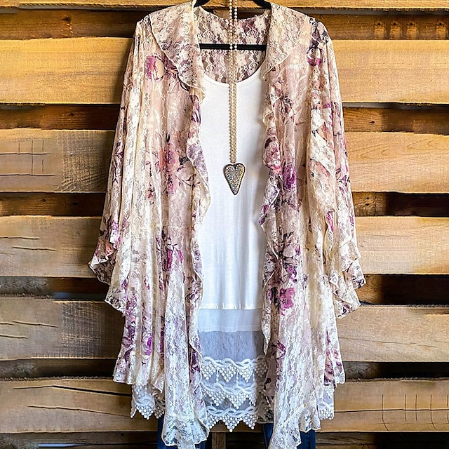 

Women's Plus Size Coat Lace Print Floral Causal Vacation Long Sleeve V Neck Long Fall Winter Pink L XL XXL 4XL 5XL