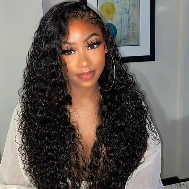 

Remy Human Hair Lace Front Wig Free Part Style Brazilian Hair Deep Wave Black Wig 150% Density Women Women'S 20 Inch Human Hair Lace Wig