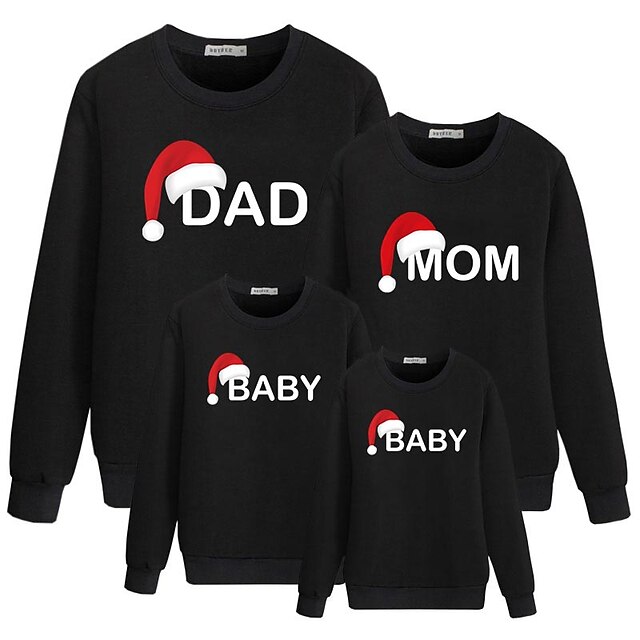 Baby & Kids Matching Outfits | Tops Family Look Cotton Letter Christmas Gifts Print Black Long Sleeve Basic Matching Outfits / F