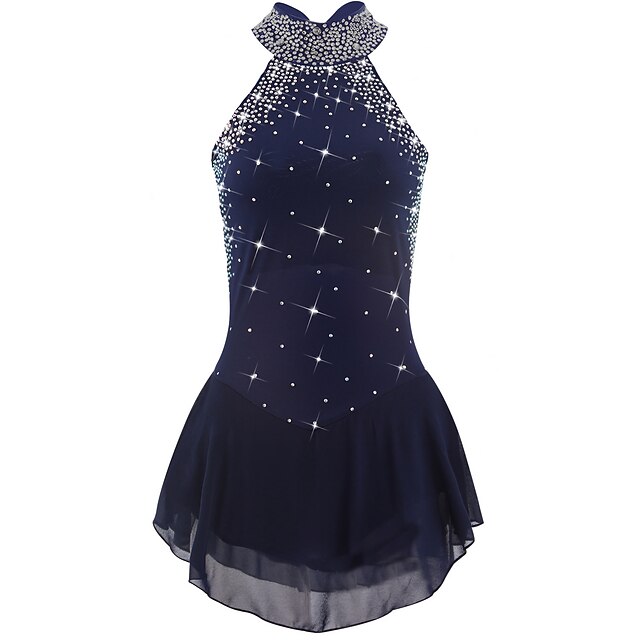 Figure Skating Dress Women's Girls' Ice Skating Dress Outfits Dark Navy Open Back Mesh Spandex High Elasticity Training Practice Professional Skating Wear Handmade Crystal / Rhinestone Sleeveless Ice3