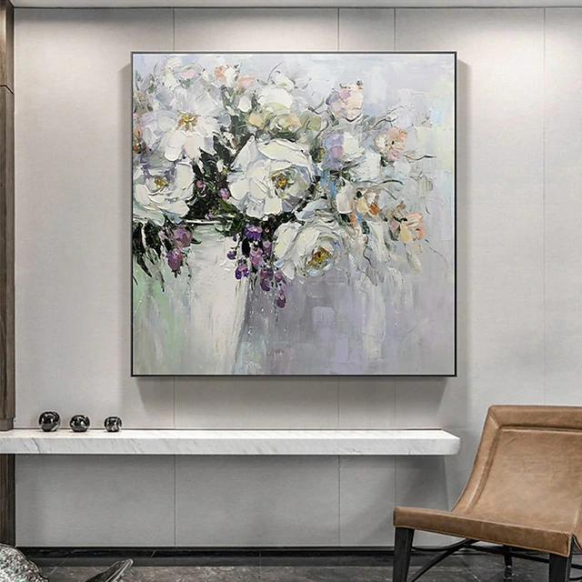 Handmade Oil Painting Canvas Wall Art Decoration Abstract Floral Painting White Peonies for Home Decor Rolled Frameless Unstretched Painting 7