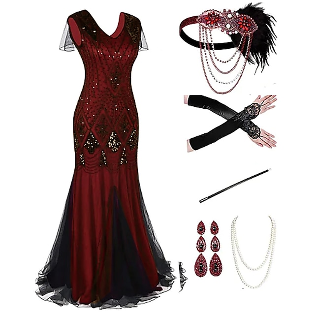  Το Great Gatsby Δροσμός 20ετών 1920 Βίντατζ φόρεμα διακοπών Φανελάκι φόρεμα Σύνολα Χορός μεταμφιεσμένων Χριστούγεννα Γυναικεία Φούντα Στολές 1 / Κόκκινο Κόκκινο / Φούξια Πεπαλαιωμένο Μεταμφίεση