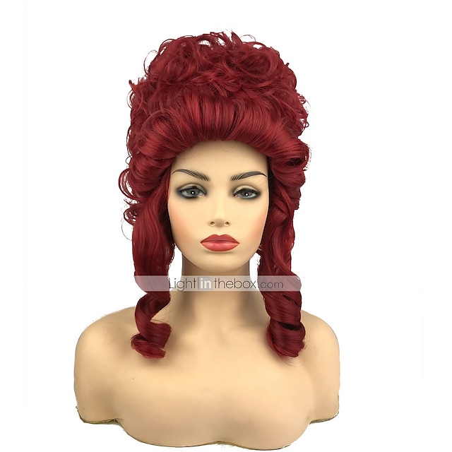  פאה סינתטית מלכת מארי אנטואנט מתולתל וינטג' ויקטוריאני חלק אמצעי פאה באורך בינוני אדום שיער סינטטי 8 אינץ' מסיבת נשים אדום סינתטי