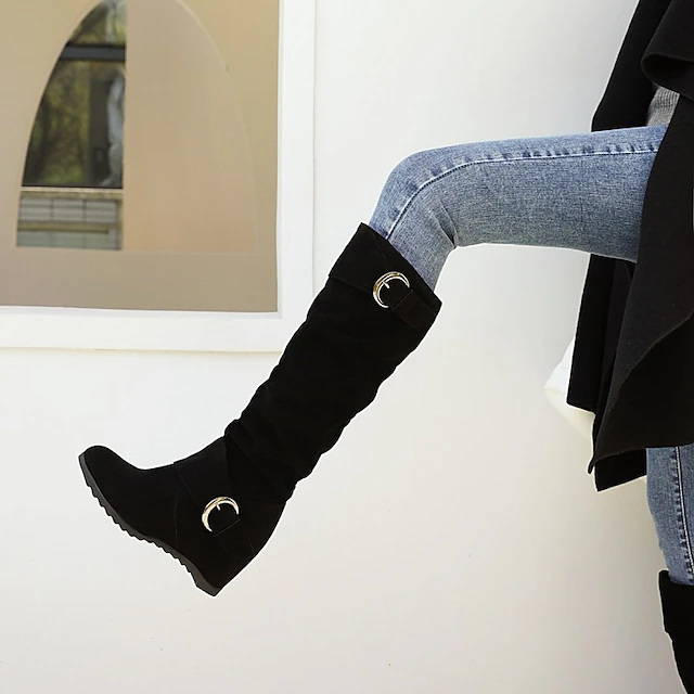 Women's Black Slouchy Faux Suede Knee-High Boots with Buckle Straps, Casual Vintage Style for Fall and Winter Outfits 18