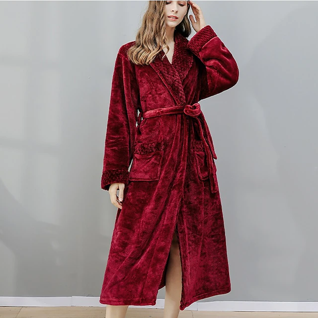 Women's Bathrobe Robes Gown Nighty 1 PCS Pure Color Warm Comfort Plush Robe Home Street Fleece Terry Warm Lapel Long Sleeve Basic Belt Included Fall Winter Home Outfits 11