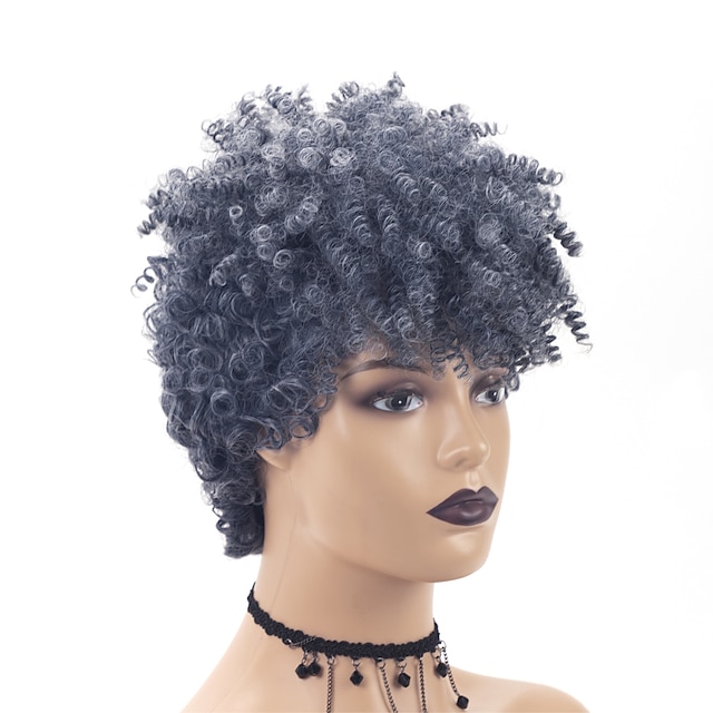 Short Grey Afro Curly Wigs for Black Women Mixed Gray Fluffy Kinky ...