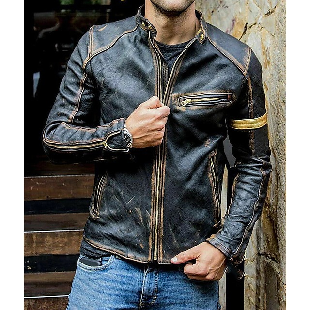 Mens Clothing Mens Outerwear | Mens Fashion Motorcycle Jacket Stand Collar Vintage Cool Zipper Pockets Faux Leather Coat Casual 