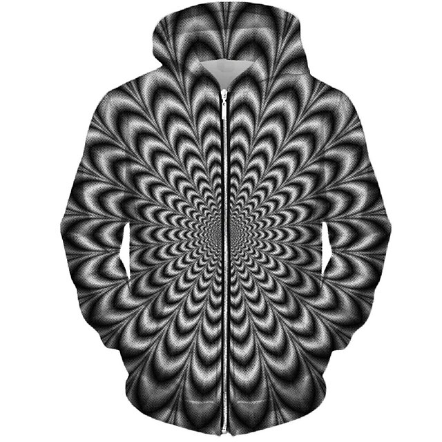 Men's Hoodie Full Zip Hoodie Jacket Black Hooded Geometric Optical