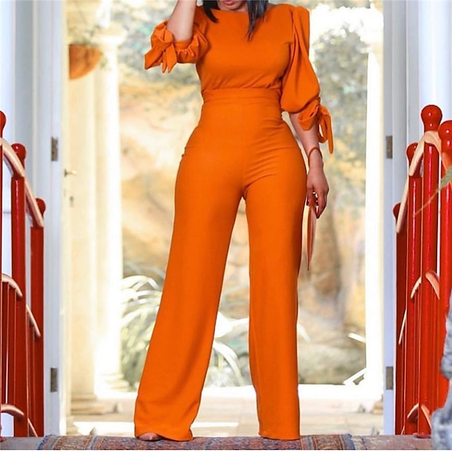  Women's Jumpsuit Solid Colored Lace up Casual Crew Neck Street Daily Wear 3/4 Length Sleeve Regular Fit Black Orange S M L Fall