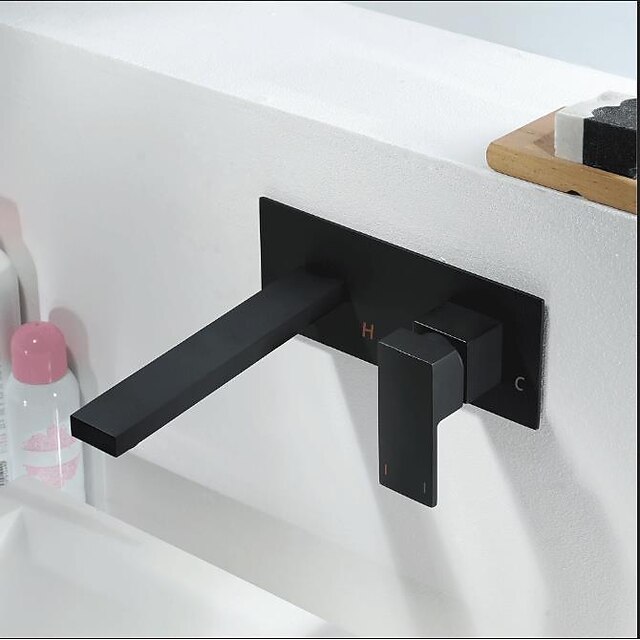  Brass Wall Mount Bathroom Sink Faucet,Black Single Handle One Hole Bath Taps with Hot and Cold Switch
