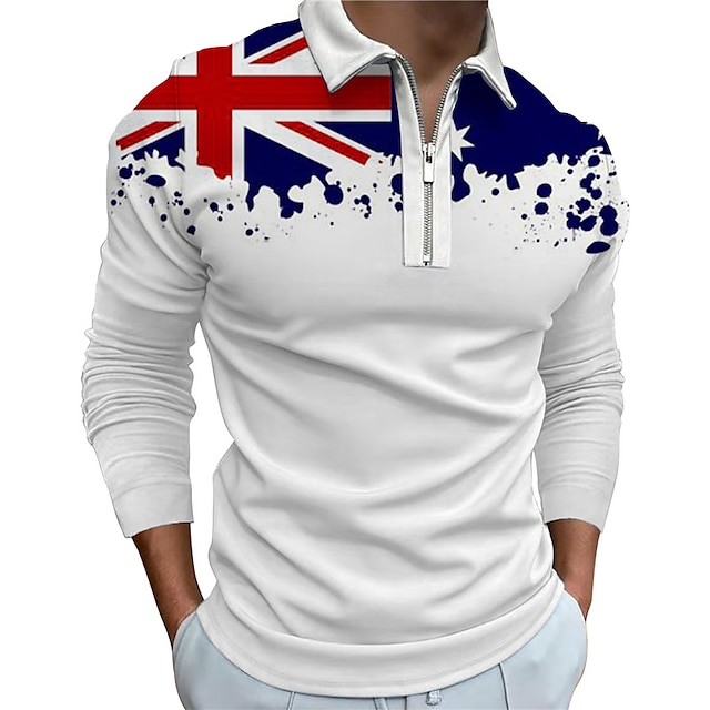  Herr POLO Shirt Golftröja Landsflagga Krage Vit&Blå Svart Vit Blå Blå / vit 3D-tryck Utomhus Gata Långärmad Dragkedja 3D-utskrift Kläder Mode Ledigt Andningsfunktion Bekväm