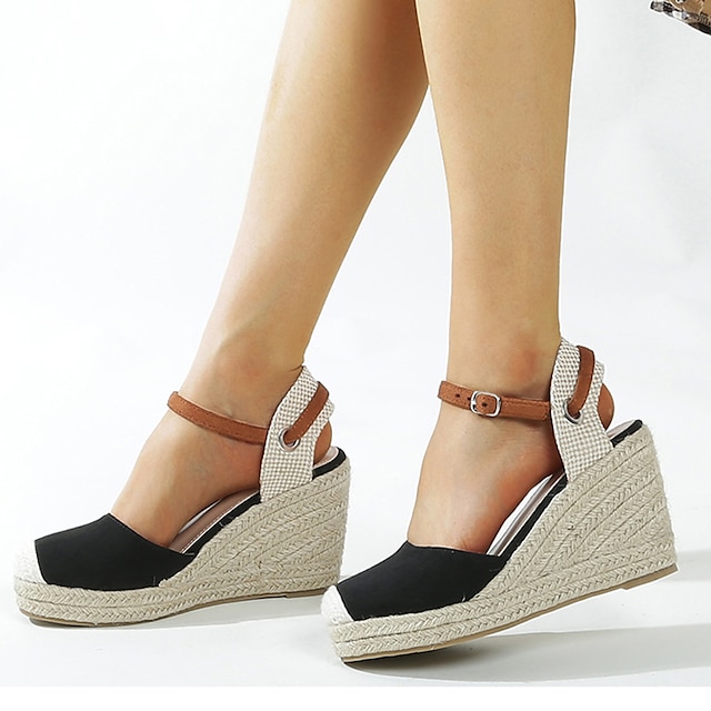 Women's Sandals Daily Solid Colored Wedge Heel Suede Buckle Black 2024 ...