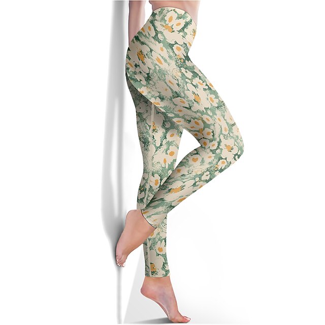  Women's Leggings Sports Gym Leggings Yoga Pants Spandex Green Cropped Leggings Floral Tummy Control Butt Lift Clothing Clothes Yoga Fitness Gym Workout Running / High Elasticity / Athletic