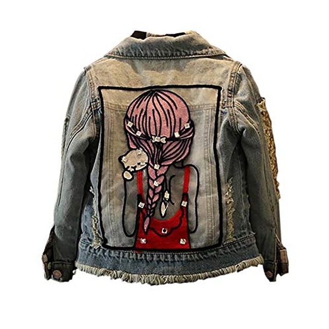 Baby & Kids Girls Clothing | Kids Girls Jacket Blue Cartoon Graphic Loose Fall Spring Fashion 2-12 Years / Denim / Cotton - XD63