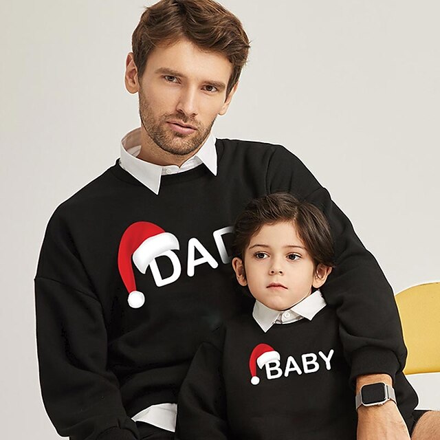 Baby & Kids Matching Outfits | Tops Family Look Cotton Letter Christmas Gifts Print Black Long Sleeve Basic Matching Outfits / F