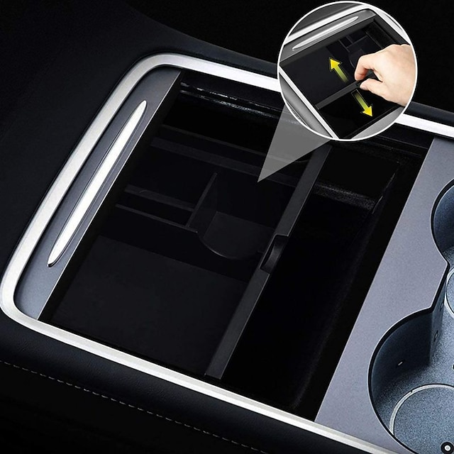  الاكسسوارات تصميم جديد في منتصف المقعد صندوق تخزين مسند الذراع الأمامي جل السيليكا ABS شعرت القماش من أجل تسلا