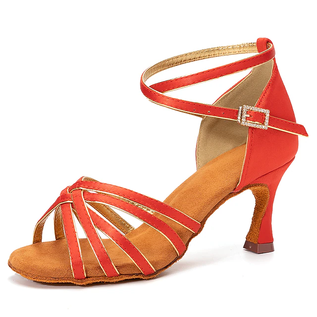 Women's Red Satin Strappy Dance Heels – Open-Toe Ballroom Salsa Shoes with Adjustable Ankle Straps and Suede Sole for Latin Dancing 17