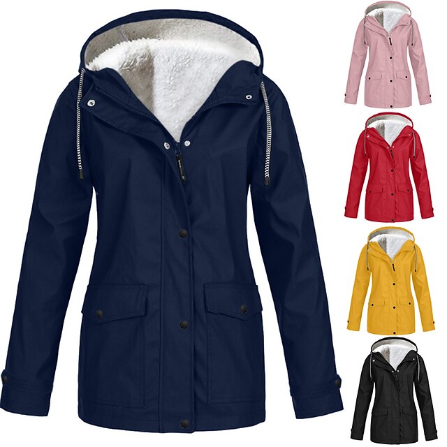women rain jacket fleece lining outdoor plus size hooded raincoat ...