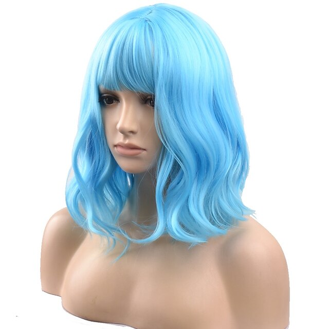 Beauty & Hair Wigs & Hair Pieces | Blue Wigs for Women Synthetic Wig Curly Water Wave Neat Bang Wig Short Ombre Blue Synthetic H