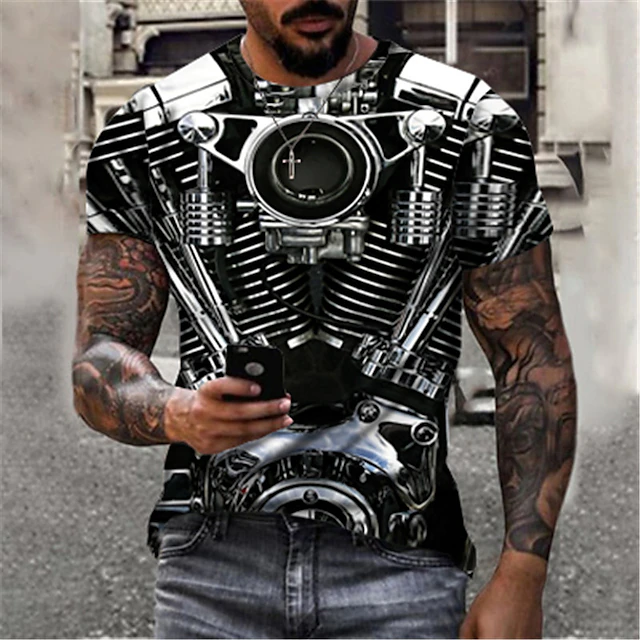 Men's Machine Motorcycle T Shirt Short Sleeve T shirt 3D Print Round Neck Shirt Sports Fashion Designer Outdoor Vacation Street Black Red Blue Summer Clothing Apparel S M L XL XXL XXXL 4XL 7