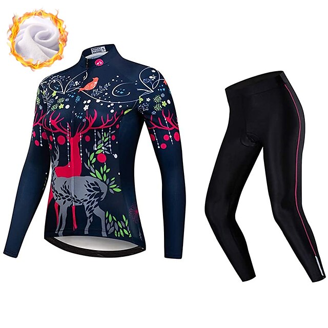  21Grams Women's Cycling Jersey with Tights Long Sleeve Mountain Bike MTB Road Bike Cycling Winter Black Graphic Patterned Bike Clothing Suit Fleece Polyester Fleece Lining 3D Pad Warm Breathable