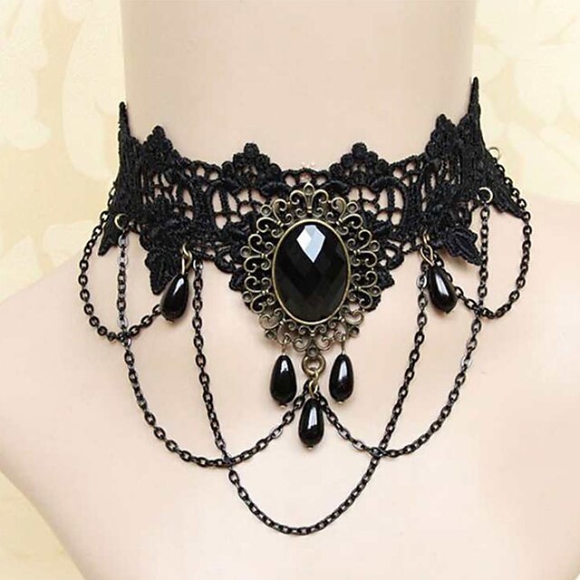  Choker Necklace For Women's Onyx Crystal Party Wedding Casual Alloy Tassel Fringe Black
