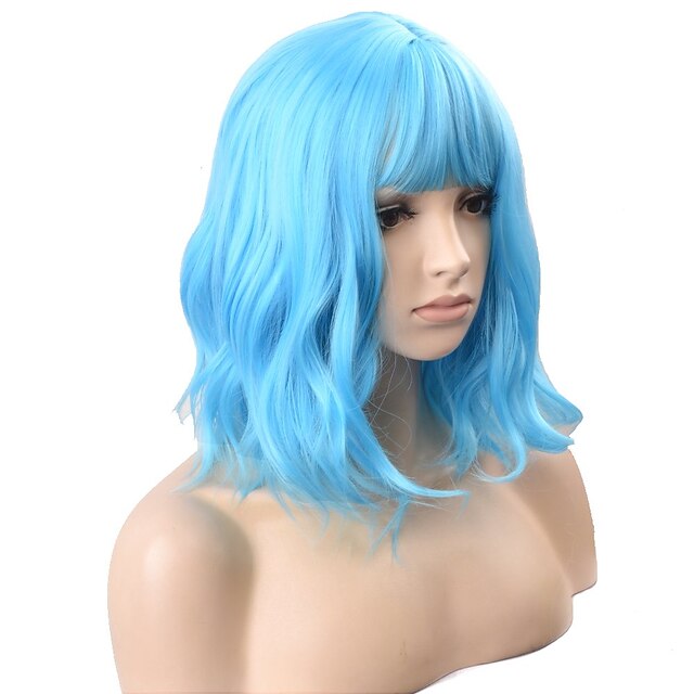 Beauty & Hair Wigs & Hair Pieces | Blue Wigs for Women Synthetic Wig Curly Water Wave Neat Bang Wig Short Ombre Blue Synthetic H