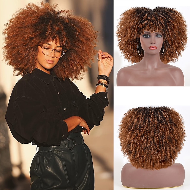  hnědé paruky pro ženy vysokoteplotní vlasy afro kudrnaté kudrnaté paruky s ofinou pro černé ženy africké syntetické ombre cosplay paruky bez lepidla