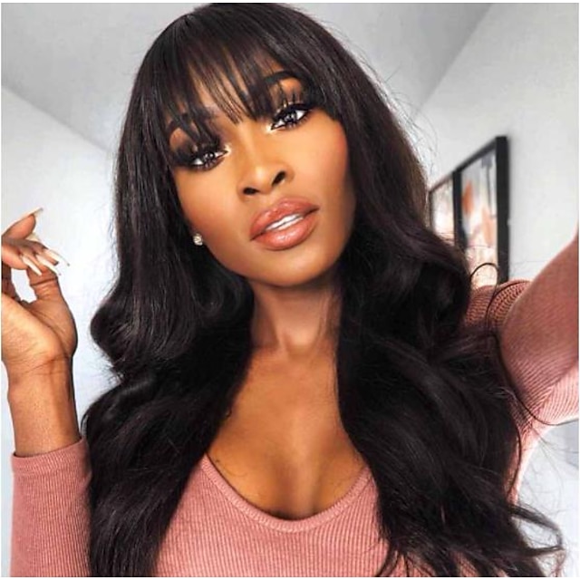 

Remy Human Hair 360 Lace Wig Brazilian Hair Body Wave with Bangs Natural Wig 150% Density with Baby Hair Natural Natural Hairline Bleached Knots