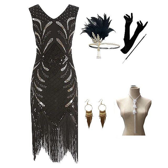 PLULON Robe Gatsby Années 1920 à Franges Paillettes Avec Accessoires - Tenue Cocktail Vintage Femme
