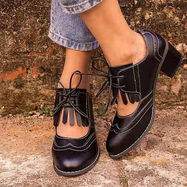  Women's Oxfords High Heel Round Toe PU Leather Lace-up Solid Colored Black