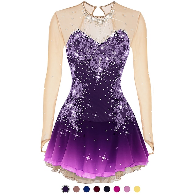 Eiskunstlaufkleid Damen Mädchen Eislaufen Kleider Austattungen Violett Weiß Pudriges Rosa Blume Rückenfrei Gitter Elasthan Wettbewerb Eiskunstlaufkleidung Handgemacht Mit Steinen verziert Strass