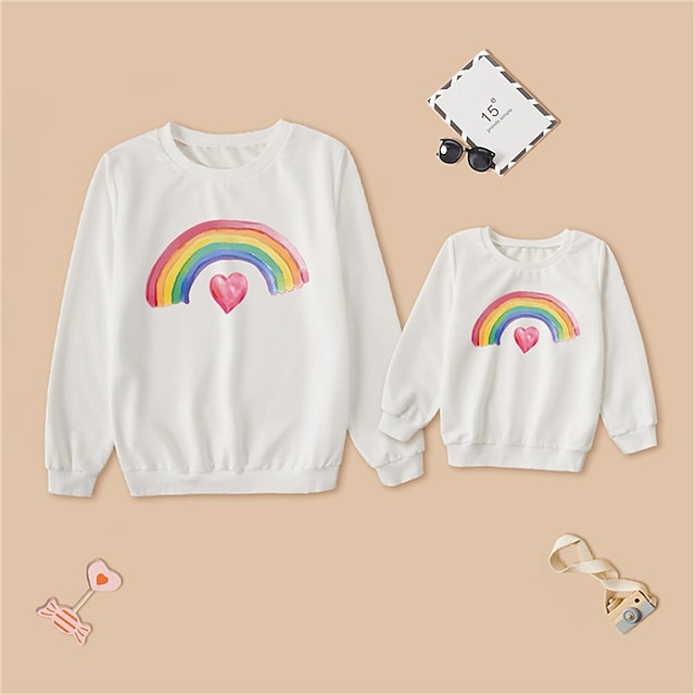 Baby & Kids Matching Outfits | Mommy and Me Tops Sweatshirt Rainbow Heart Daily Print White Black Red Long Sleeve Daily Matching