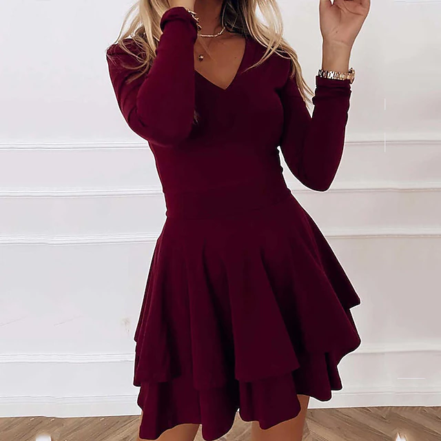 A-Line Cocktail Dresses Dress Wedding Guest Homecoming Short / Mini Long Sleeve V Neck Spandex with Pleats Pure Color dress to impress 6