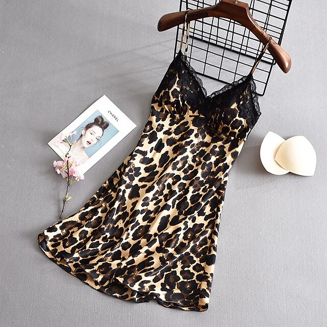 Womens Clothing Womens Sleep & Lounge | Womens Pajamas Nightgown 1 pc Leopard Satin Hot Fashion Home Daily Bed Imitated Silk Bre