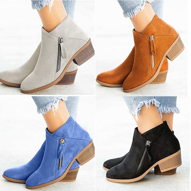 Dames Laarzen Booties enkellaarzen Cuba-hak Ronde Teen Vintage Brits Dagelijks Imitatiesuède Rits Herfst Winter Effen Zwart Oranje Blauw / Korte laarsjes / Enkellaarsjes