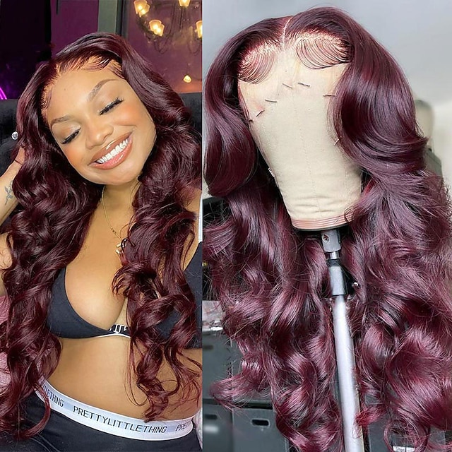 

150% 136 Lace 99j Dark Red Wavy Lace Front Wig For Women Brazilian Human Hair Pre-selected Remy Hair