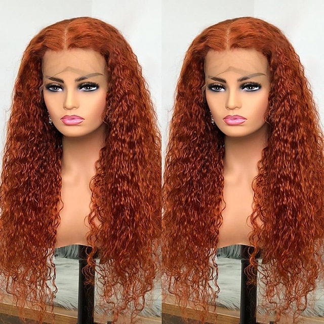 

Natural Black Water Wave Pineapple Fontal Wig Orange Red Color Human Hair 13x4 Lace Front Hair 150% Density Curly Glueless Pre Plucked Hair Line With Baby Hair for Black Women