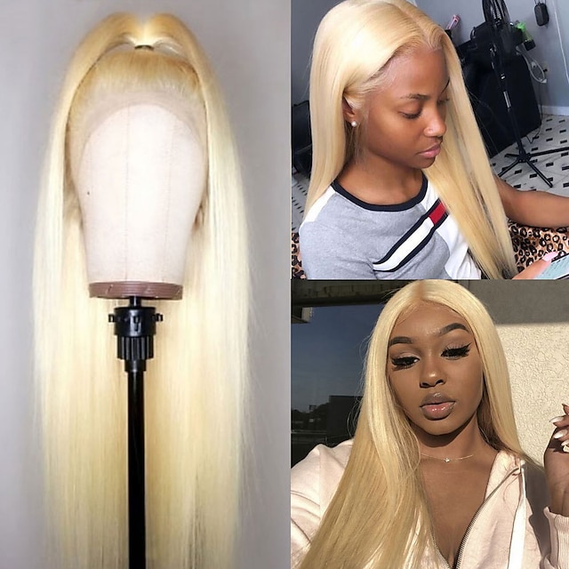 

180% 44 Lace Front Human Hair Wigs Pre Plucked Glueless Brazilian Straight Blonde Transparent Lace Frontal wig